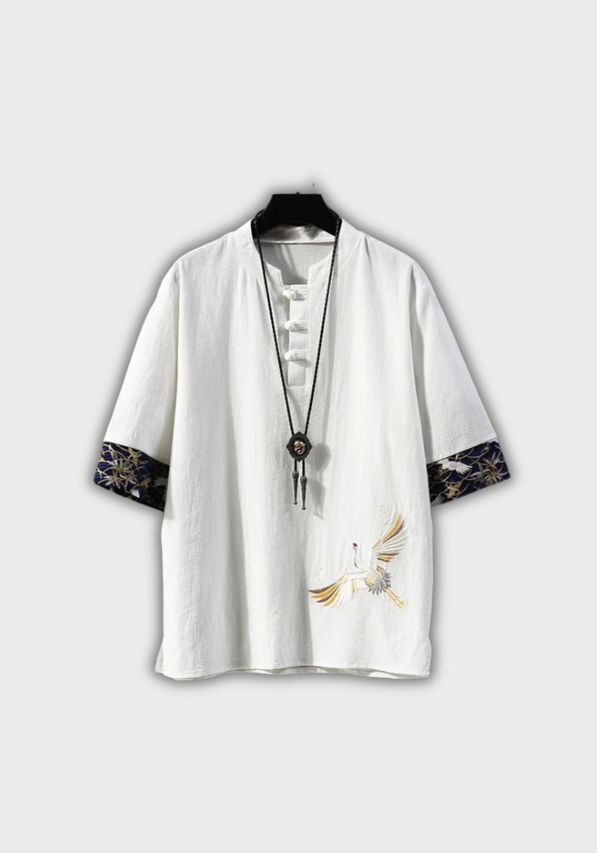 Chemise Homme Blanche Kimono | Élégante Décontractée Été avec Broderie de Grue 0