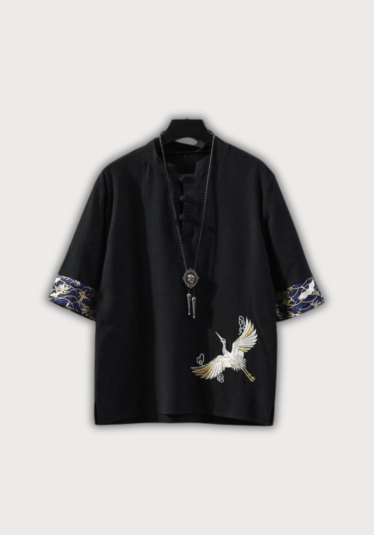 Chemise Homme Blanche Kimono | Élégante Décontractée Été avec Broderie de Grue 4