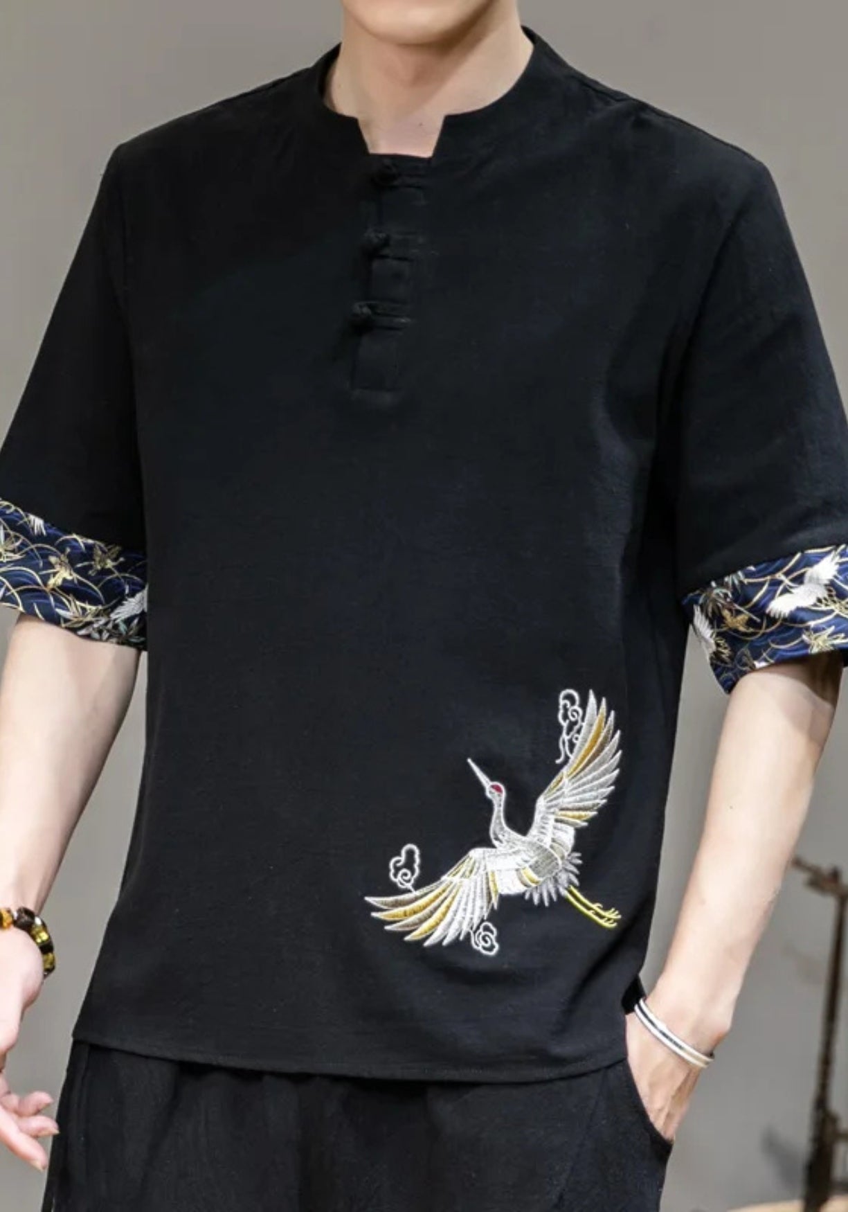 Chemise Homme Blanche Kimono | Élégante Décontractée Été avec Broderie de Grue 5