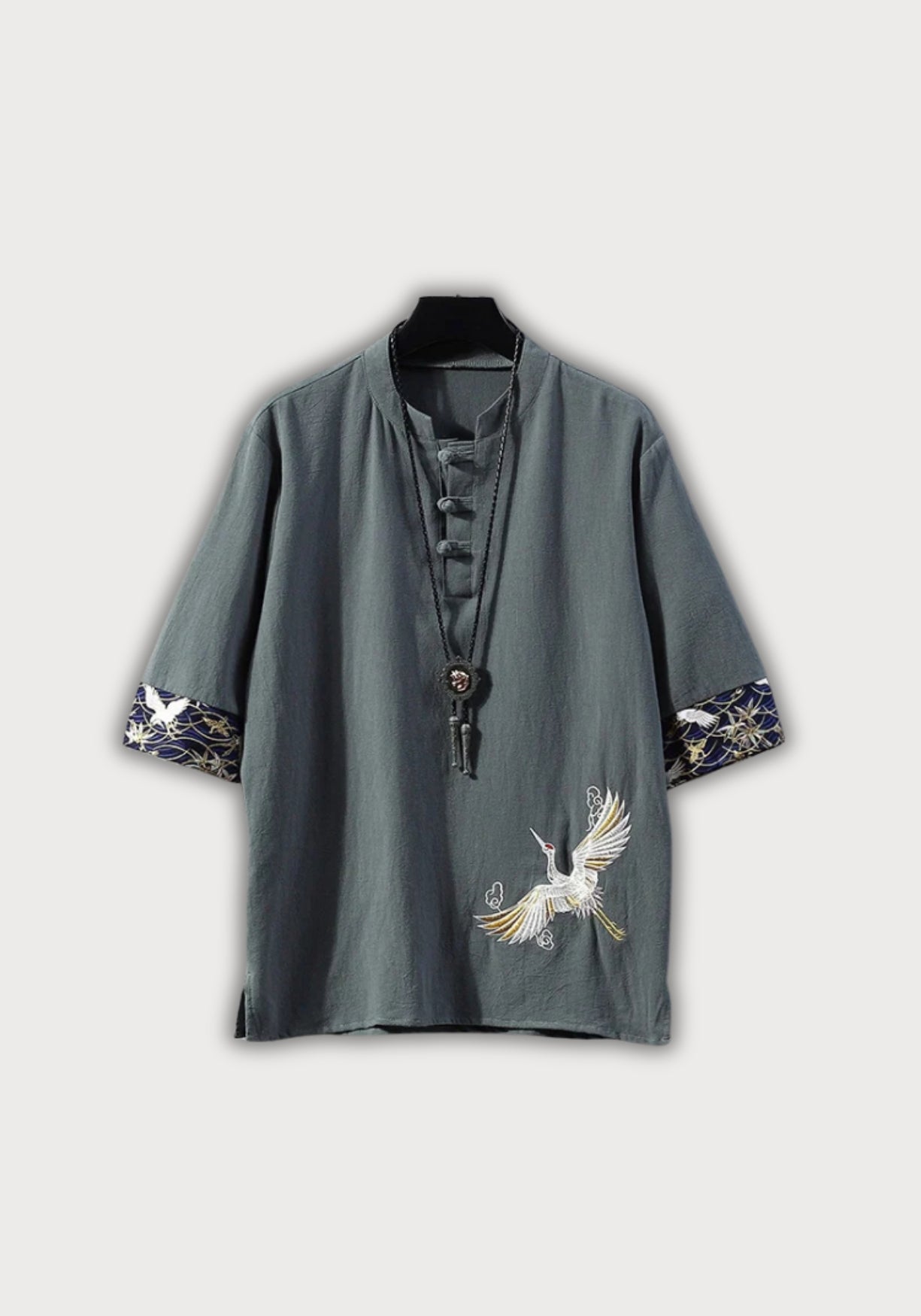 Chemise Homme Blanche Kimono | Élégante Décontractée Été avec Broderie de Grue 6