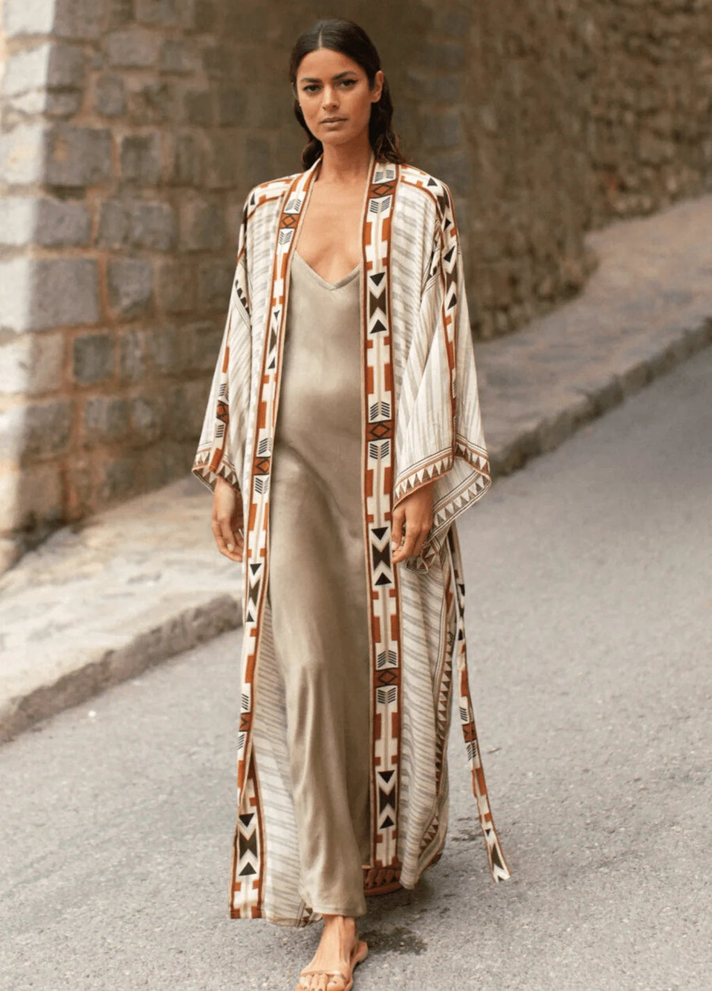 Femme Kimono 100% Coton | Élégant Beige Long avec Motifs 0