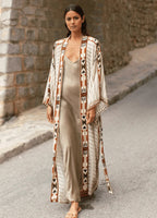 Femme Kimono 100% Coton | Élégant Beige Long avec Motifs 0