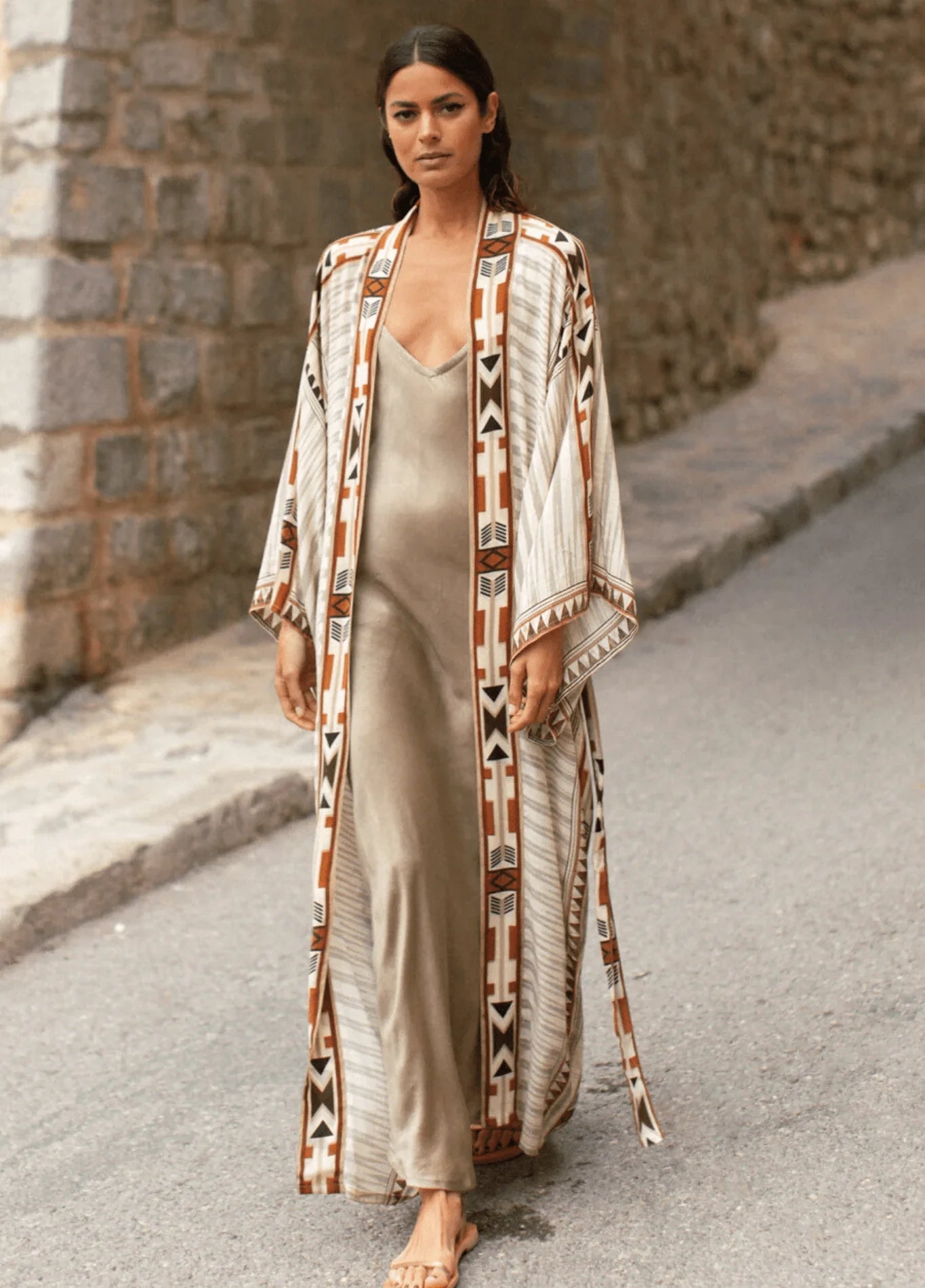 Femme Kimono 100% Coton | Élégant Beige Long avec Motifs 0