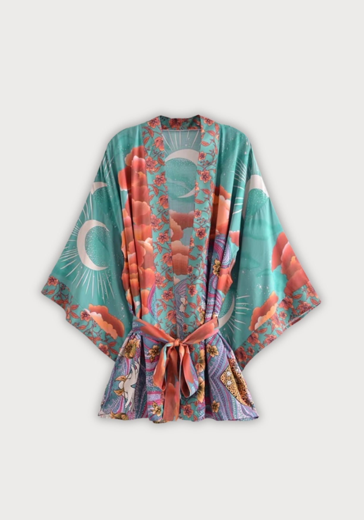 Kimono Femme Coton Léger de Plage | Élégant et Bohème Turquoise avec Motifs Floraux 0