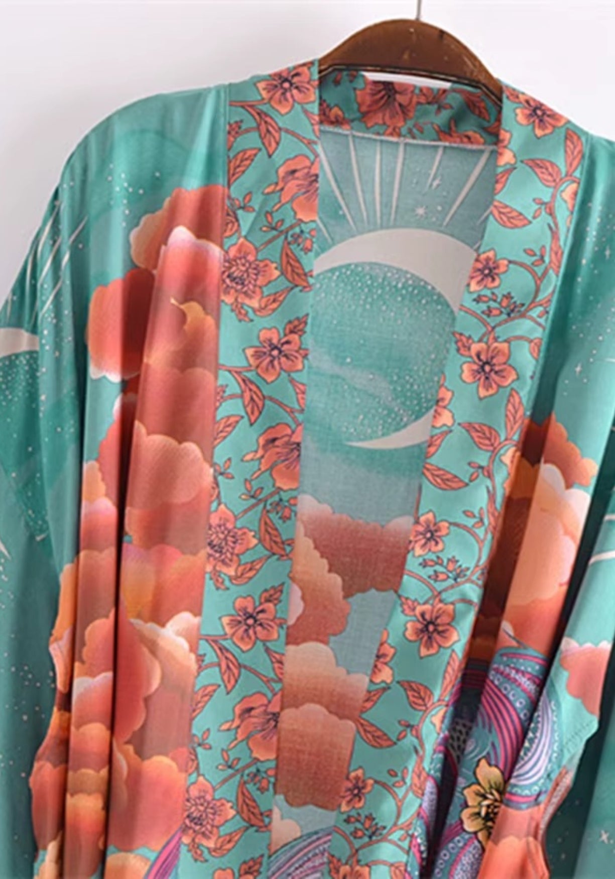 Kimono Femme Coton Léger de Plage | Élégant et Bohème Turquoise avec Motifs Floraux 2