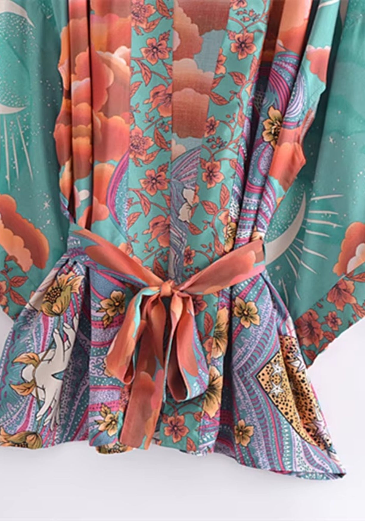 Kimono Femme Coton Léger de Plage | Élégant et Bohème Turquoise avec Motifs Floraux 4
