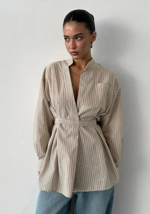Kimono Femme Coton Rayé | Élégant et Confortable Court avec Ceinture 0