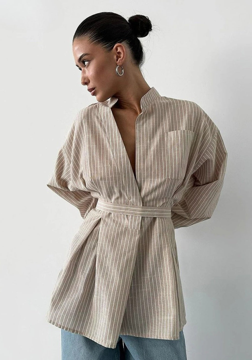 Kimono Femme Coton Rayé | Élégant et Confortable Court avec Ceinture 1