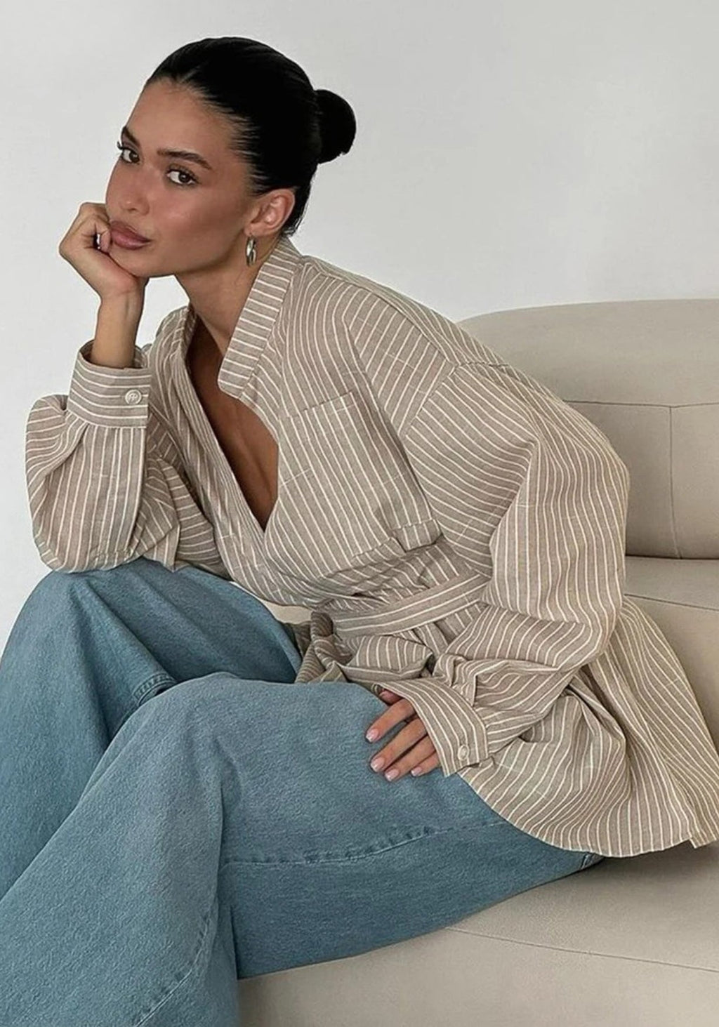 Kimono Femme Coton Rayé | Élégant et Confortable Court avec Ceinture 3