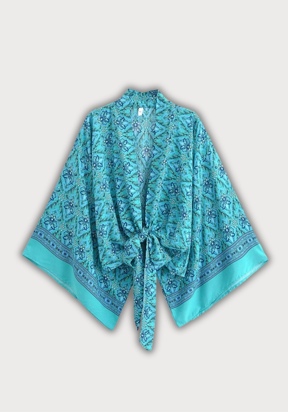 Kimono Femme Coton Rayonne Court | Élégant Turquoise à Motifs Floraux 0