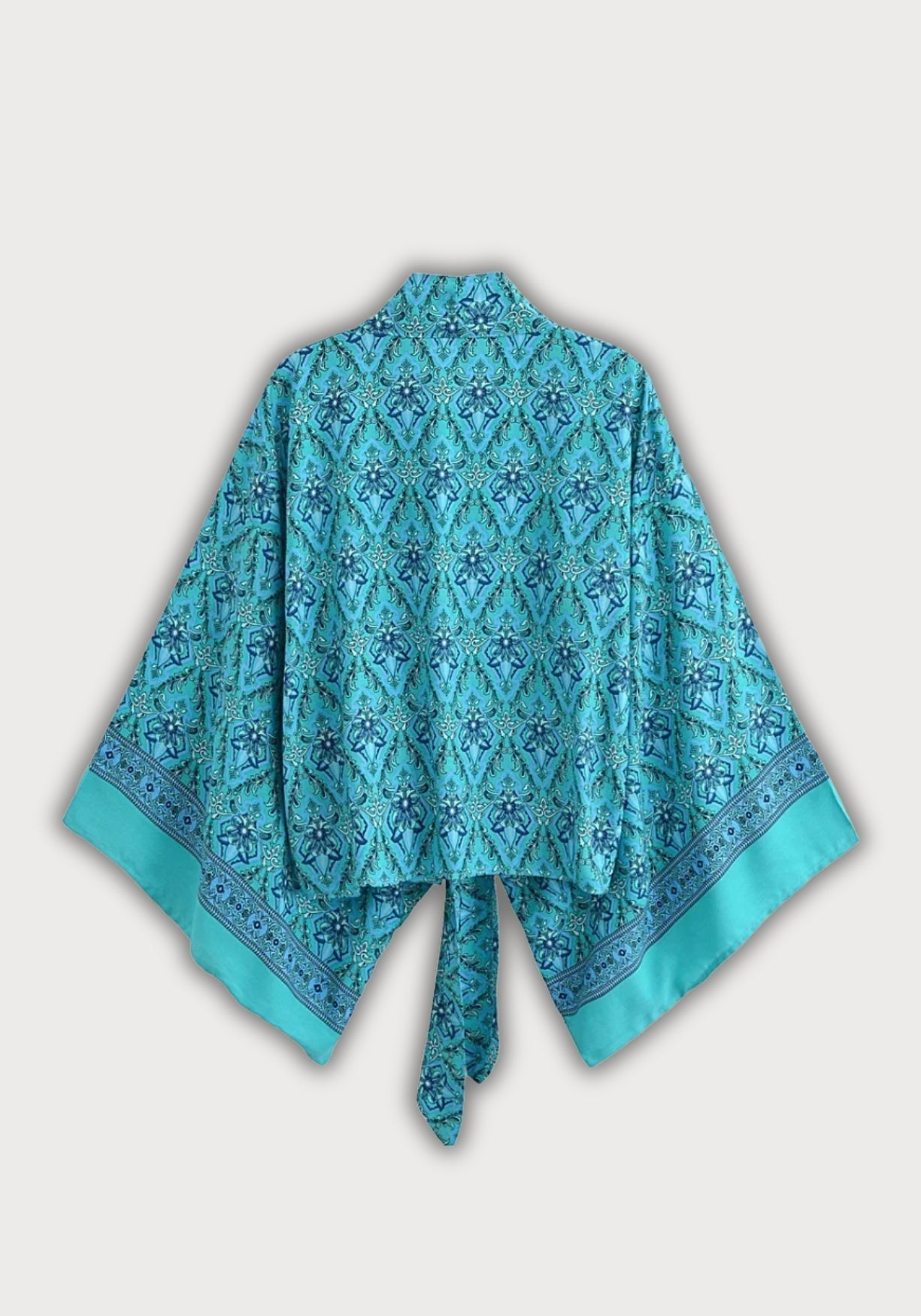 Kimono Femme Coton Rayonne Court | Élégant Turquoise à Motifs Floraux 1