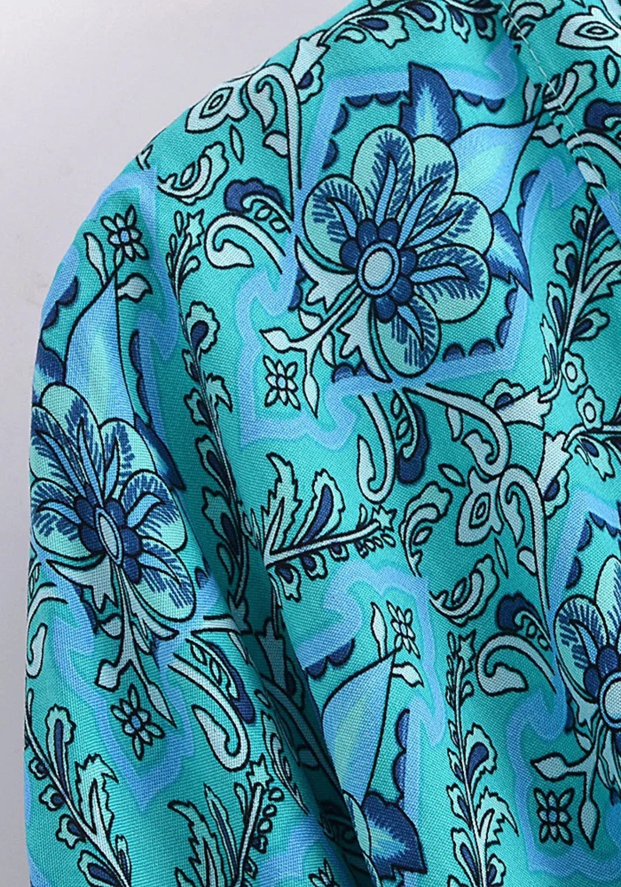 Kimono Femme Coton Rayonne Court | Élégant Turquoise à Motifs Floraux 3