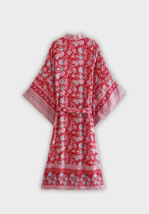 Kimono Femme Floral Rouge | Élégant Long Style Bohème en Coton 1