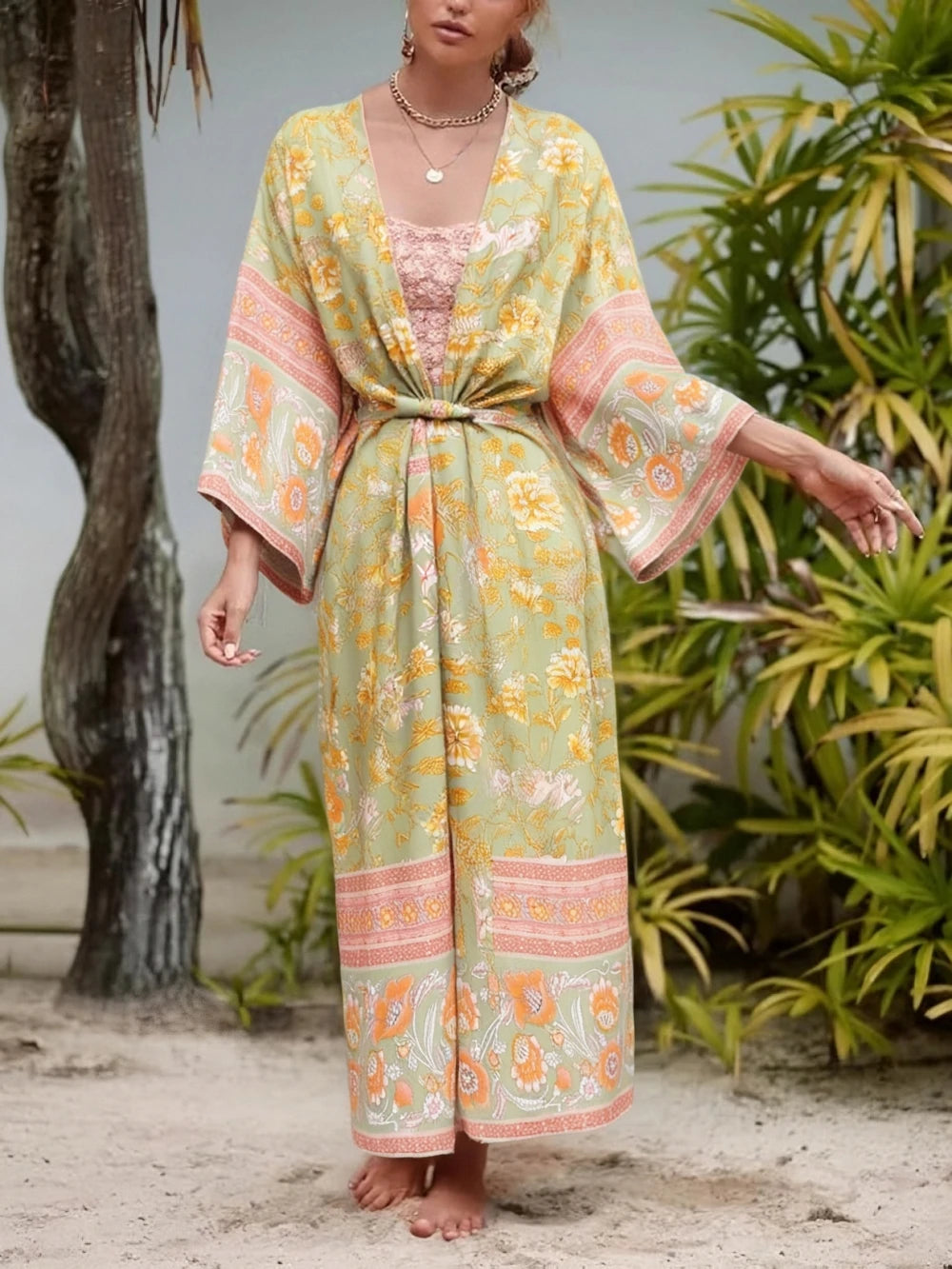 Kimono Femme Floral Vert | Élégant Kimono Japonais Long à Manches 2