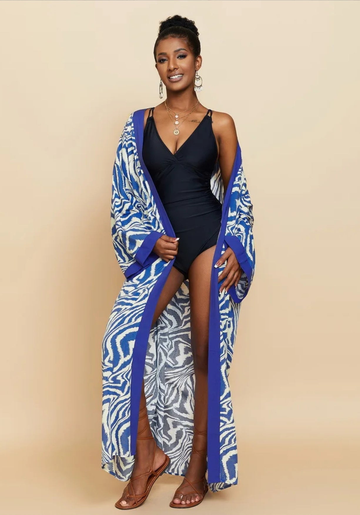 Kimono Femme Polyester Long | Élégant Motif Zébré pour Plage et Été 2