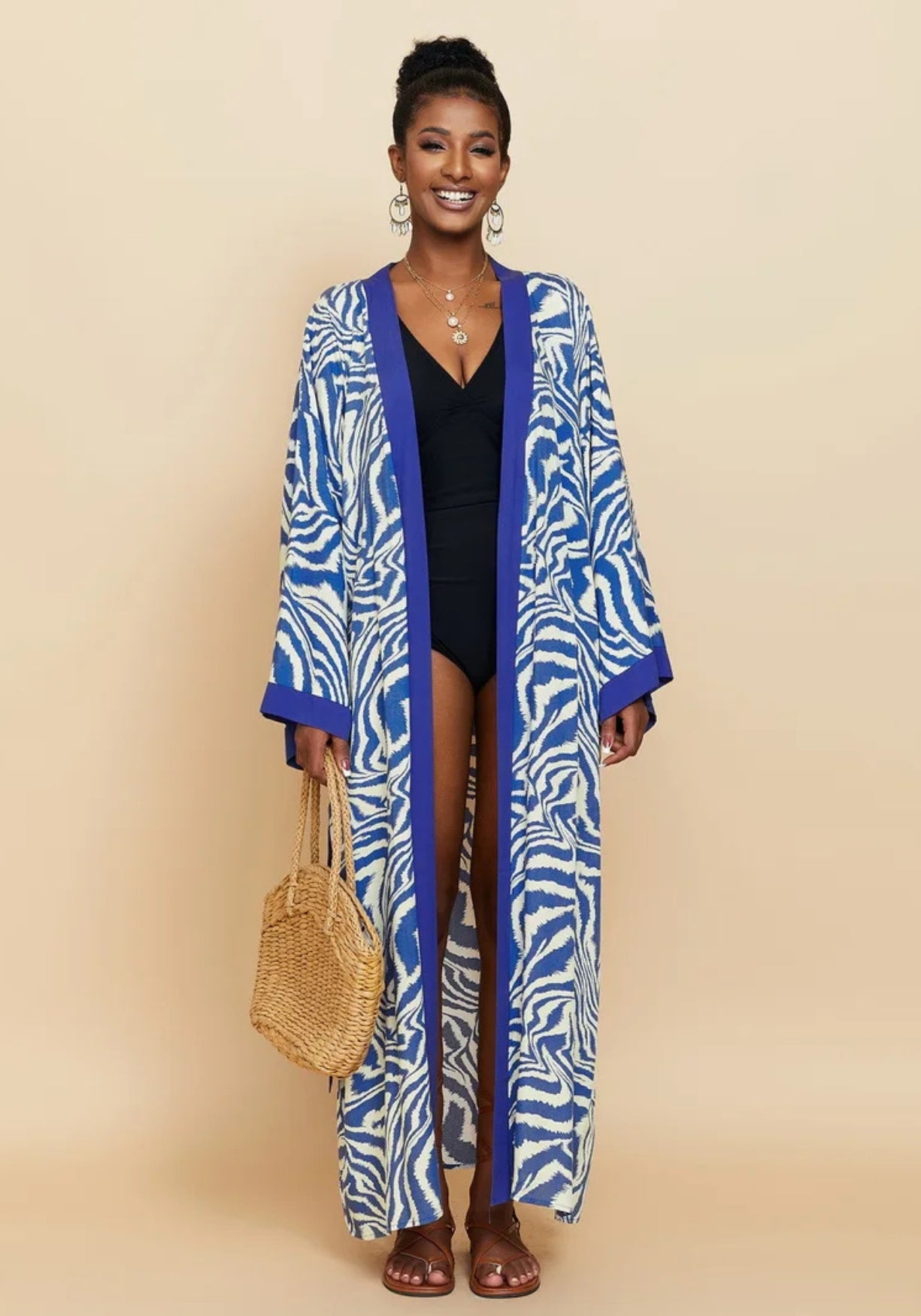 Kimono Femme Polyester Long | Élégant Motif Zébré pour Plage et Été 3