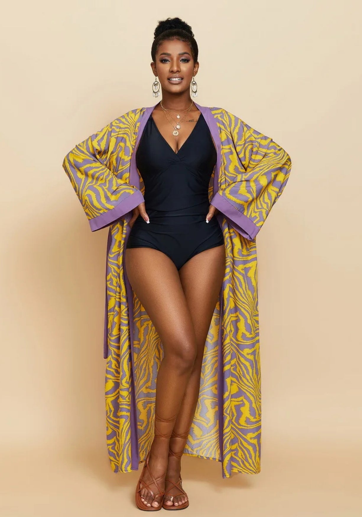 Kimono Femme Polyester Long | Élégant Motif Zébré pour Plage et Été 4
