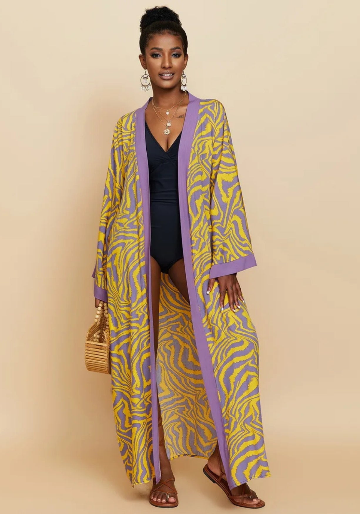 Kimono Femme Polyester Long | Élégant Motif Zébré pour Plage et Été 5