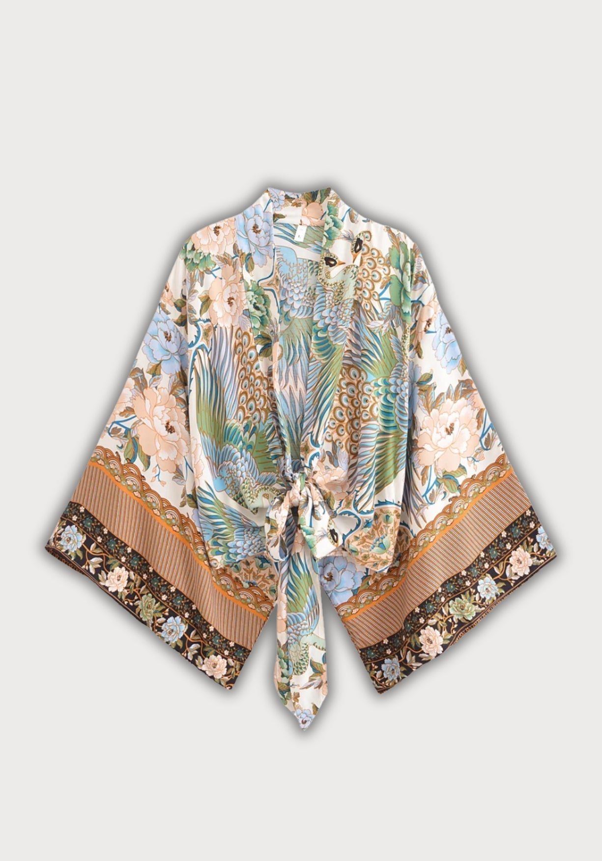 Kimono Femme Rayonne Coton Plage | Élégant Motif Paon et Pivoine Été 0