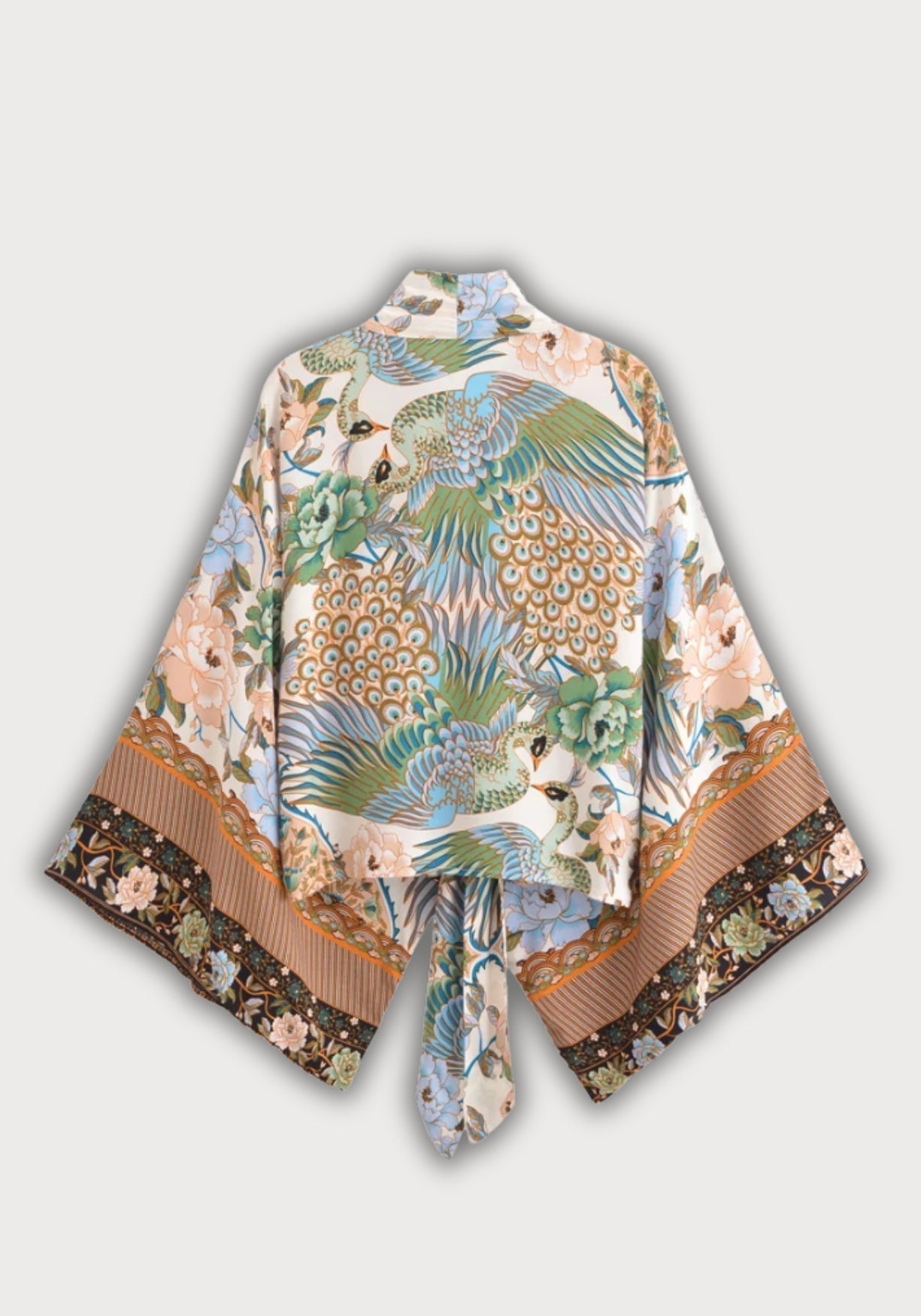 Kimono Femme Rayonne Coton Plage | Élégant Motif Paon et Pivoine Été 1