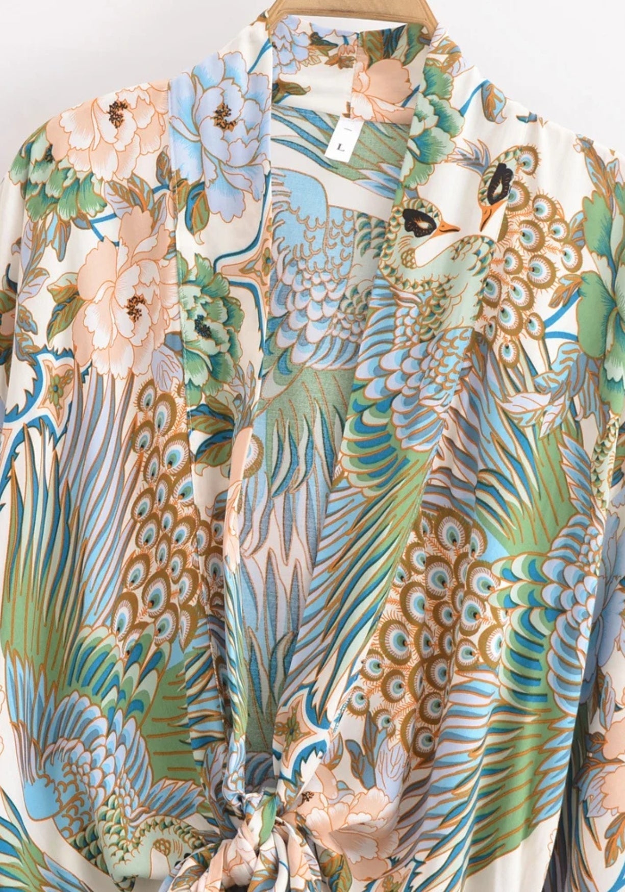 Kimono Femme Rayonne Coton Plage | Élégant Motif Paon et Pivoine Été 2