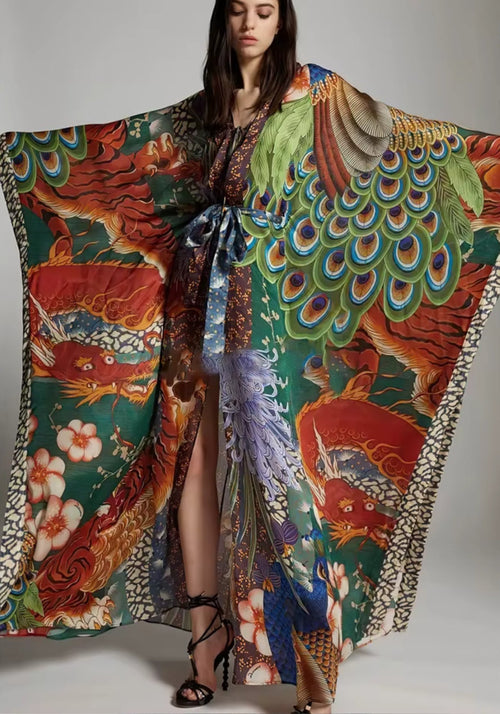 Kimono Femme Satiné Long | Élégant Imprimé Dragon et Paon Multicolore 0