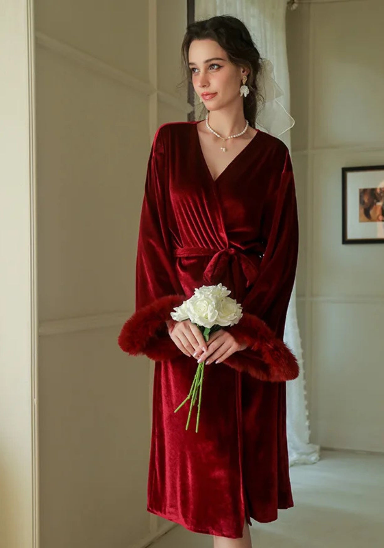 Kimono Femme Velours Doux Long | Élégant Portefeuille d'Hiver à Manches Trois-Quarts 3