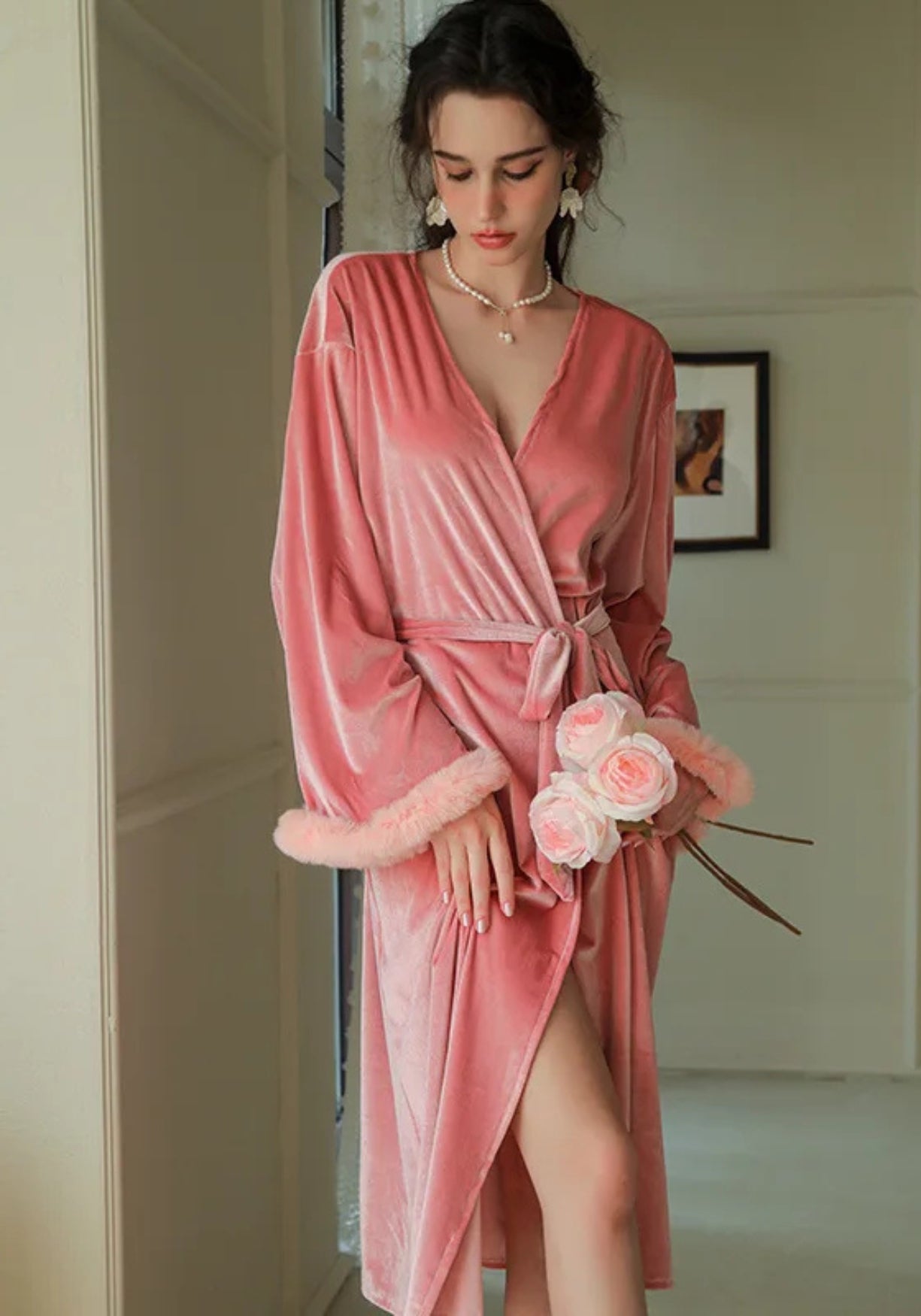 Kimono Femme Velours Doux Long | Élégant Portefeuille d'Hiver à Manches Trois-Quarts 4