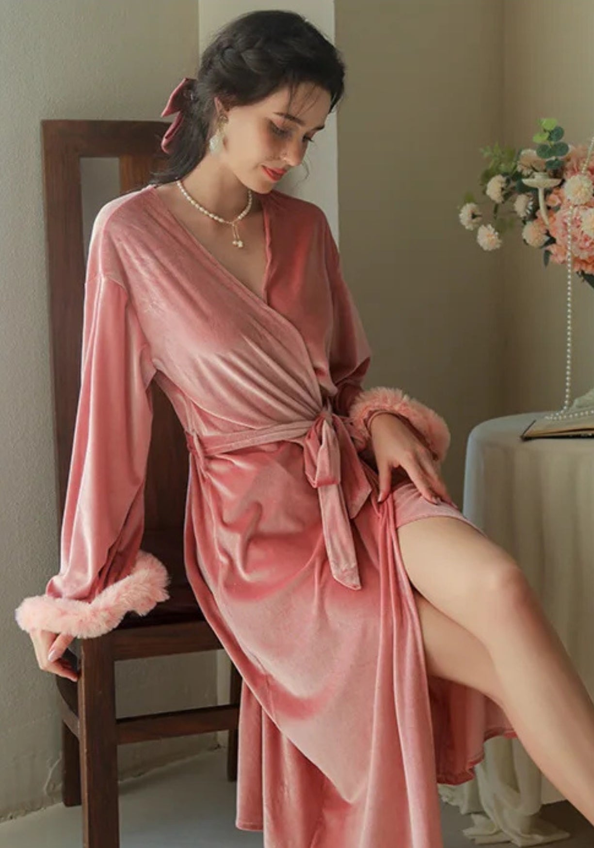 Kimono Femme Velours Doux Long | Élégant Portefeuille d'Hiver à Manches Trois-Quarts 5