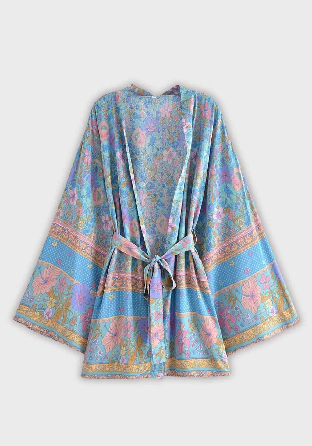 Kimono Femme Viscose Court | Élégant Floral Bleu Ciel | Parfait Pour L'Été 0
