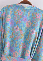 Kimono Femme Viscose Court | Élégant Floral Bleu Ciel | Parfait Pour L'Été 2