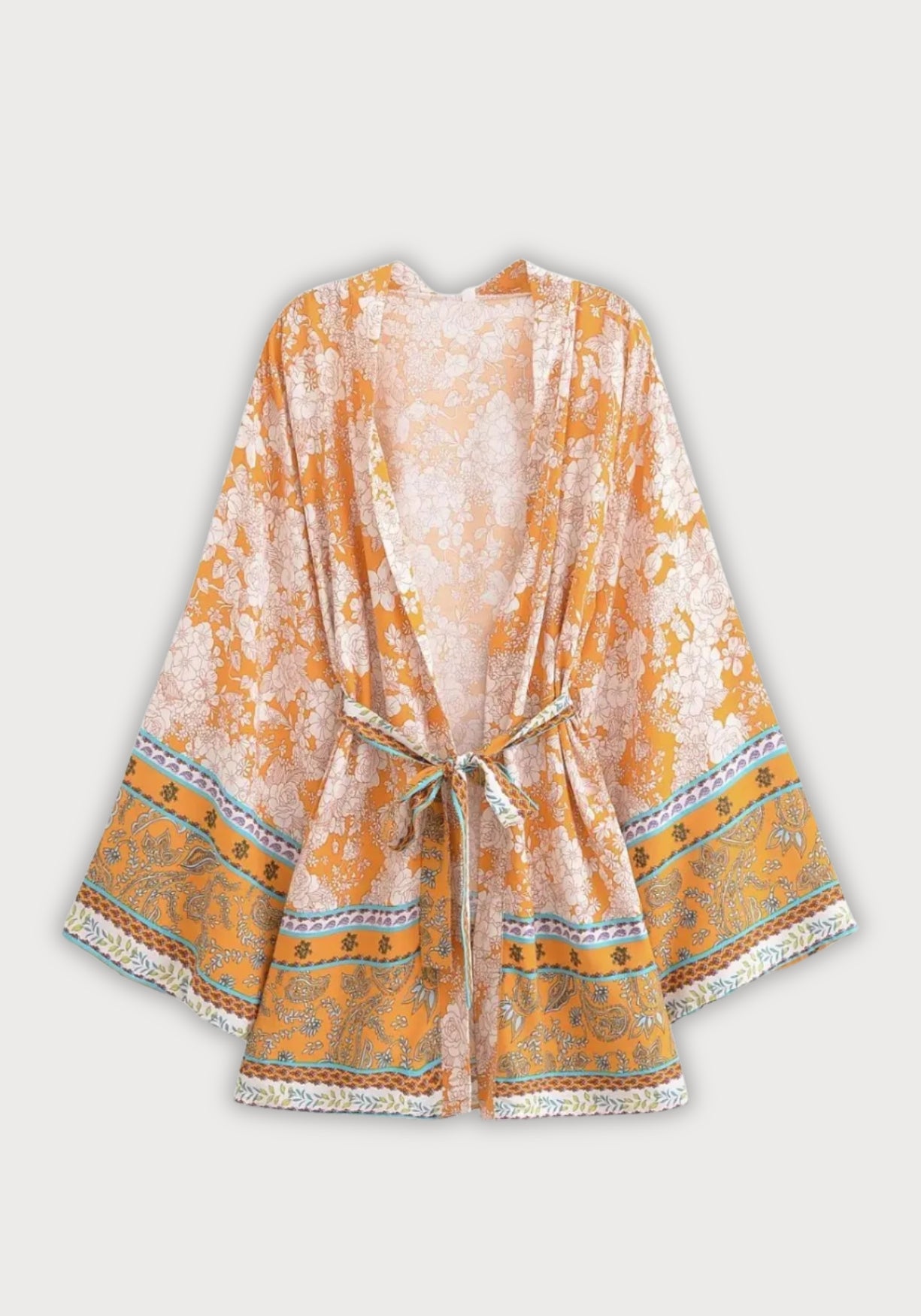 Kimono Femme Viscose Court | Élégant Motif Floral Lumineux pour Plage 0