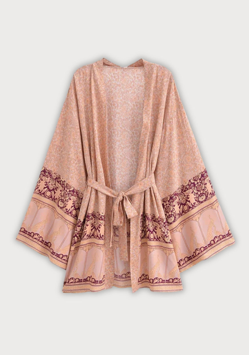 Kimono Femme Viscose Court | Élégant Motif Floral Paon pour Été 0