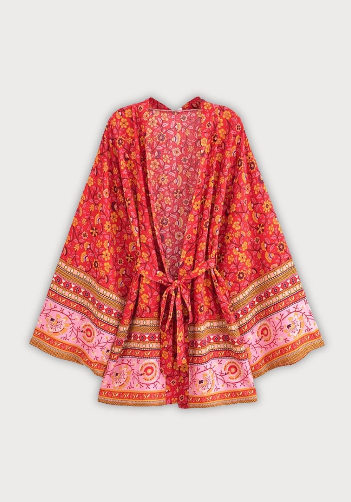 Kimono Femme Viscose Floral Rouge | Court Élégant Été Détente 0
