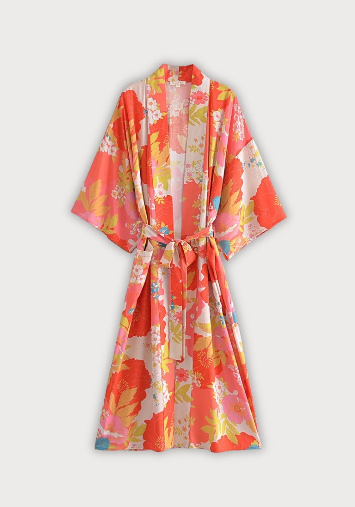 Kimono Femme Viscose Long | Élégant Floral Rouge Corail pour Été 0
