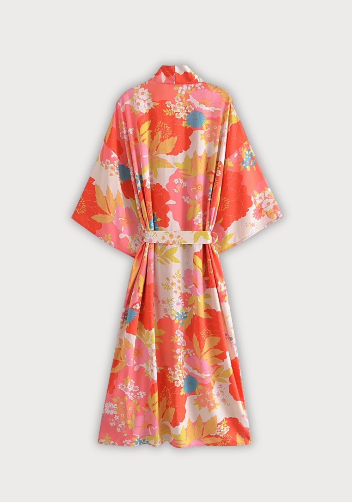 Kimono Femme Viscose Long | Élégant Floral Rouge Corail pour Été 1