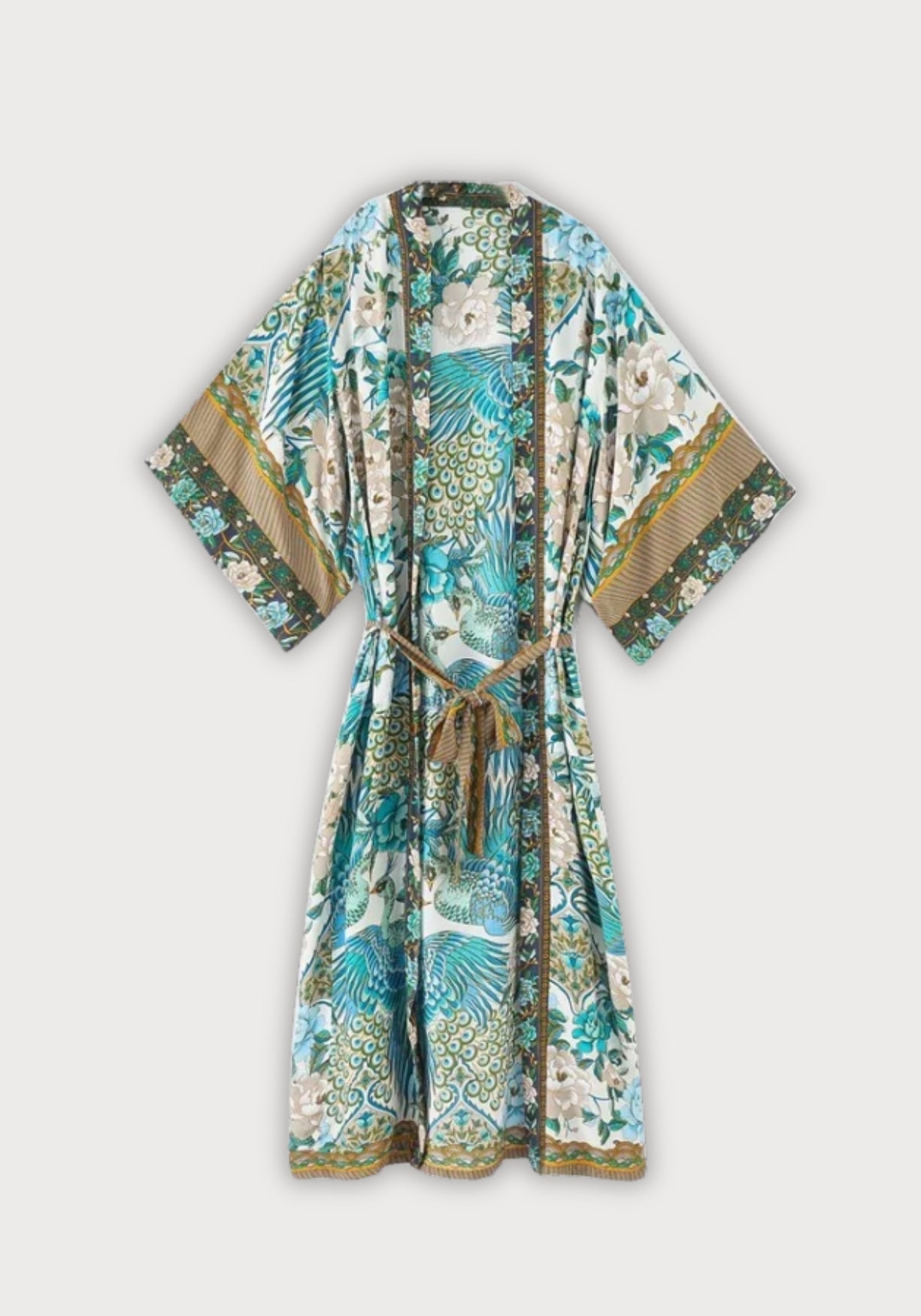 Kimono Femme Viscose Long | Élégant Motif Floral Bleu-Vert pour Plage et Maison 0