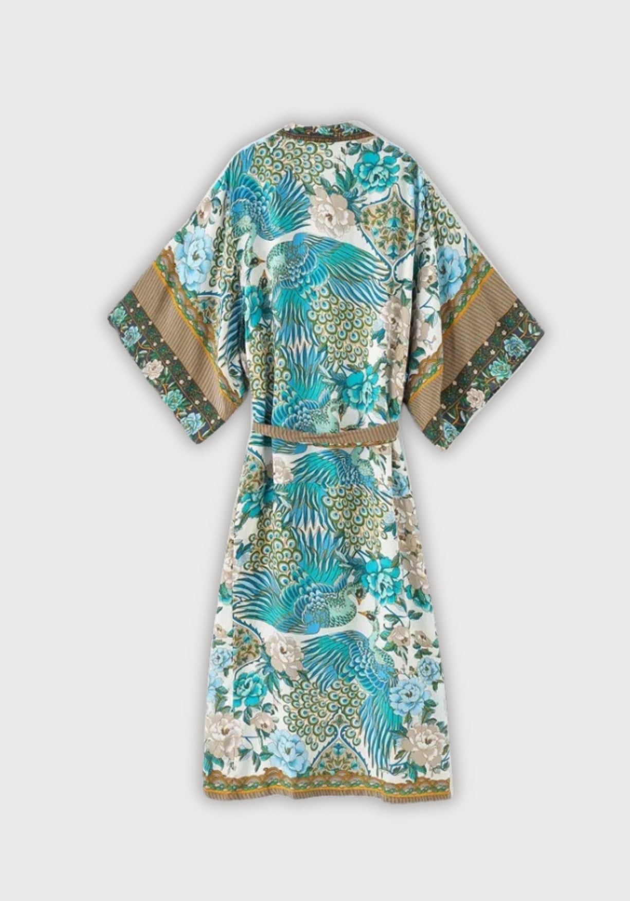 Kimono Femme Viscose Long | Élégant Motif Floral Bleu-Vert pour Plage et Maison 1