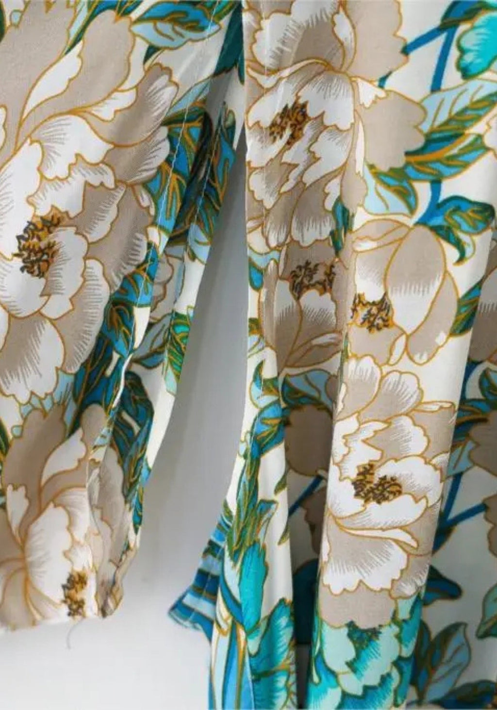 Kimono Femme Viscose Long | Élégant Motif Floral Bleu-Vert pour Plage et Maison 3