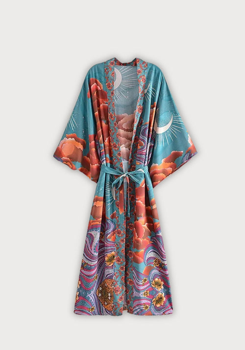 Kimono Femme en Coton Rayonne | Long Ample avec Motif Cosmique Coloré 0