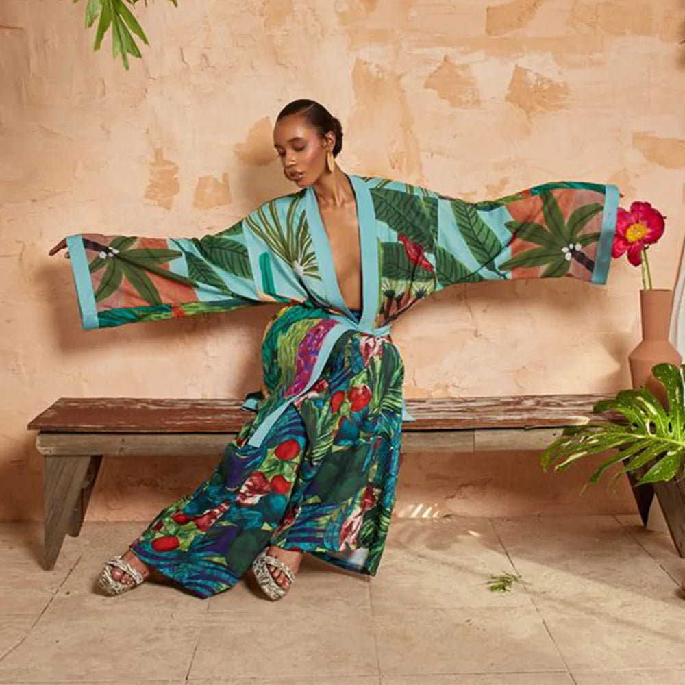 Kimono Femme en Polyester Vert | Élégant Kimono Long Japonais | Style Polyvalent 0