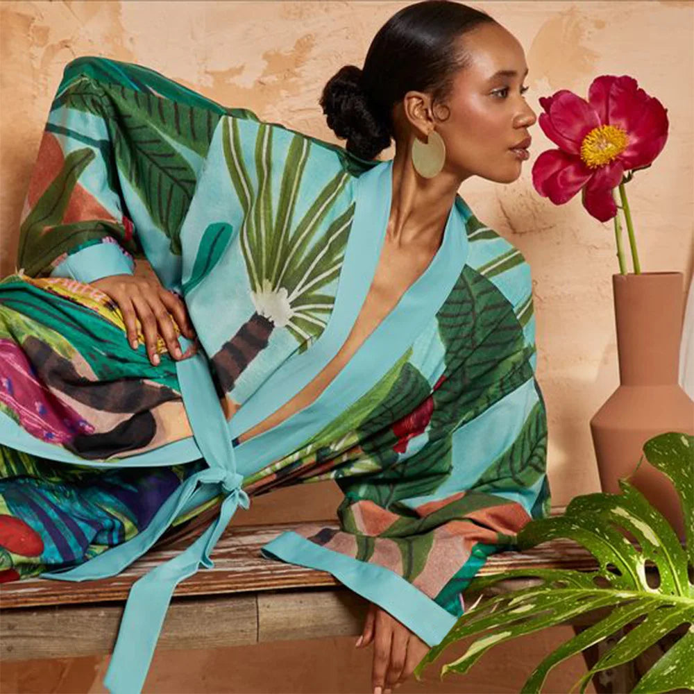 Kimono Femme en Polyester Vert | Élégant Kimono Long Japonais | Style Polyvalent 2