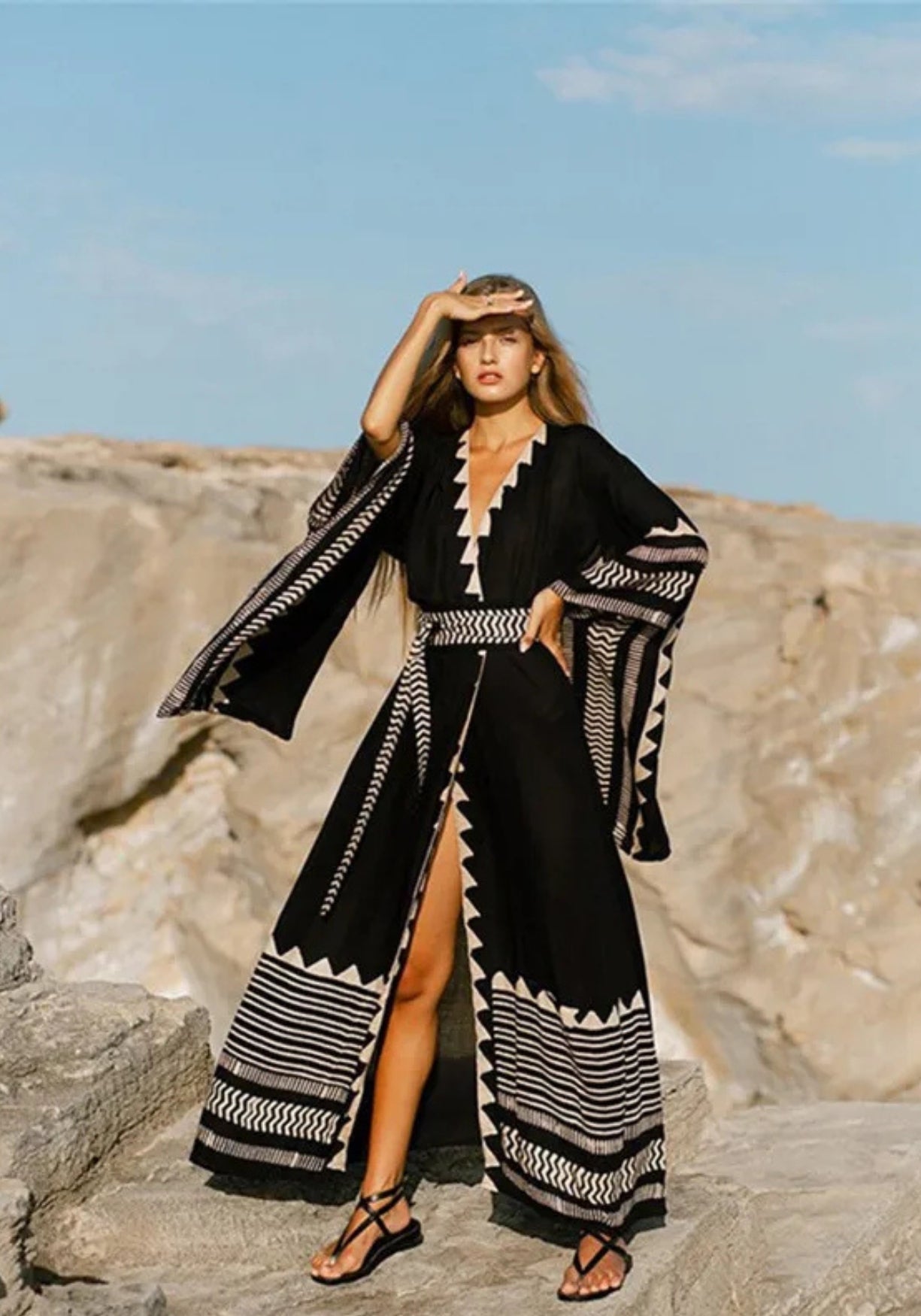 Kimono Femme en Polyester | Long et Aérien avec Motifs Géométriques Crème 0