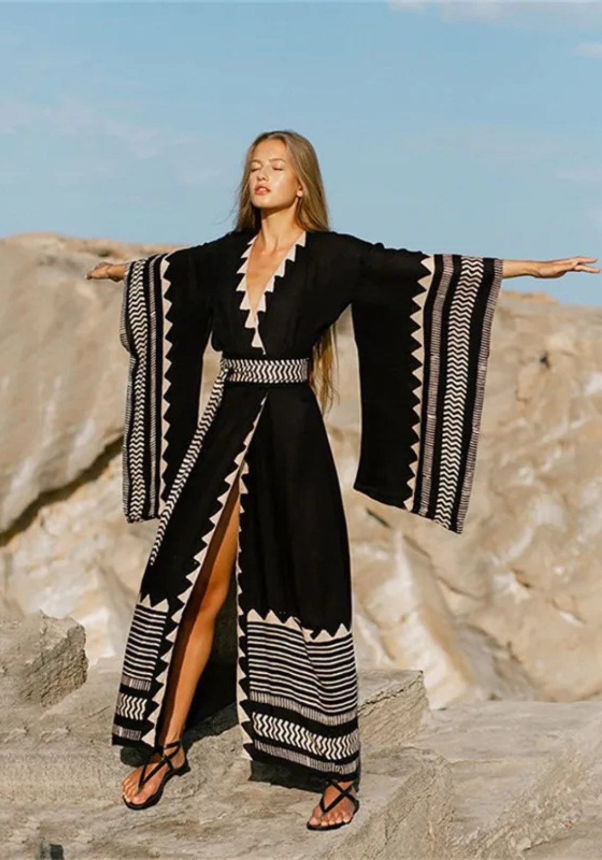 Kimono Femme en Polyester | Long et Aérien avec Motifs Géométriques Crème 4