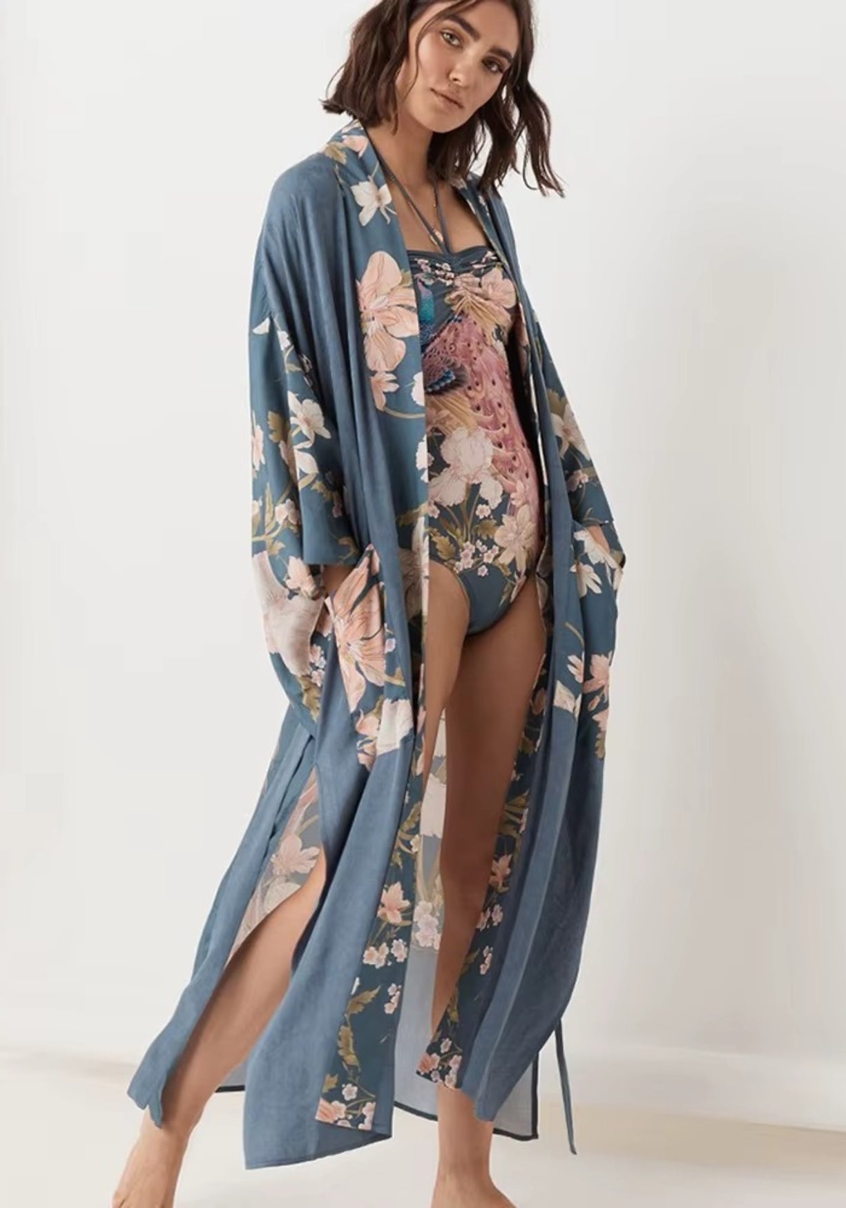 Kimono Femme en Polyester à Imprimé Paon | Élégant Kimono Long Bohème d'Été 0