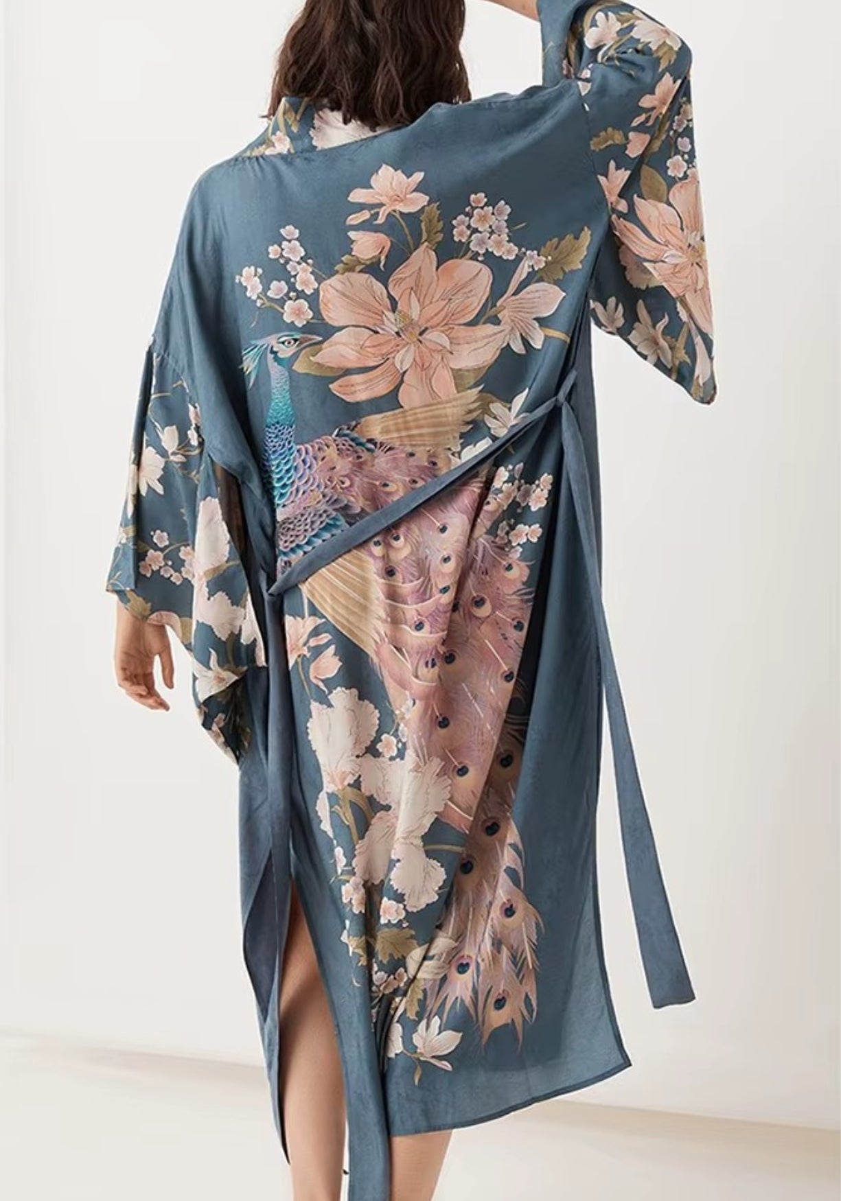 Kimono Femme en Polyester à Imprimé Paon | Élégant Kimono Long Bohème d'Été 3