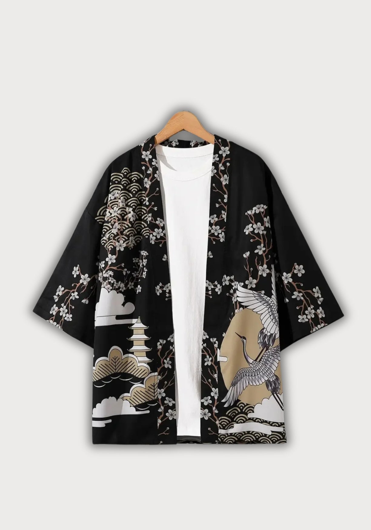 Kimono Homme Japonais en Polyester | Élégant Streetwear avec Imprimé Grues 0