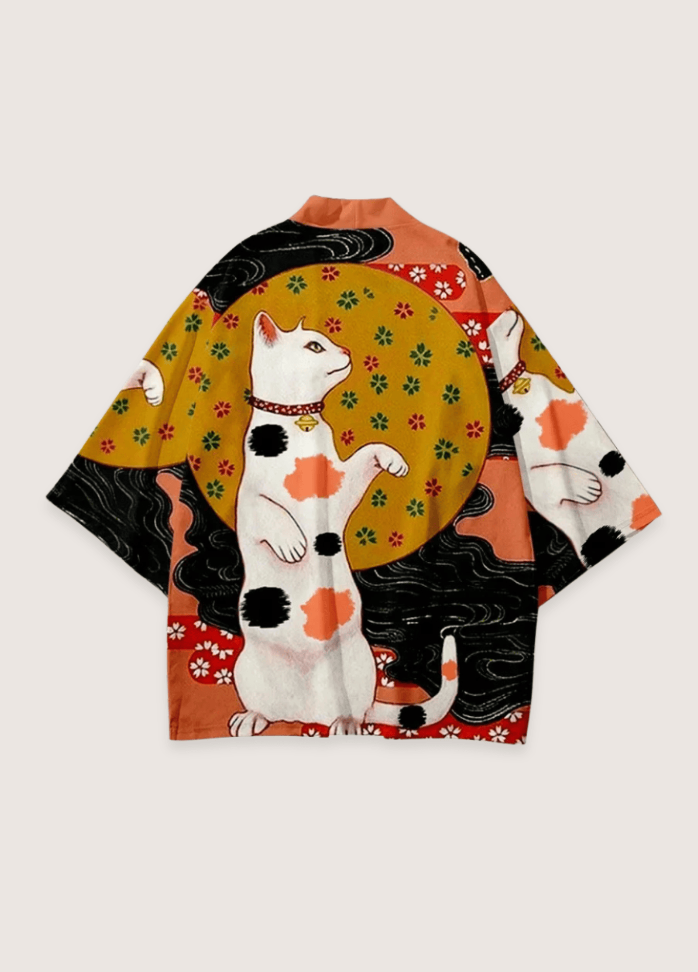 Kimono Japonais Unisexe en Polyester | Ample et Élégant Haori avec Imprimé Chat Tricolore 0
