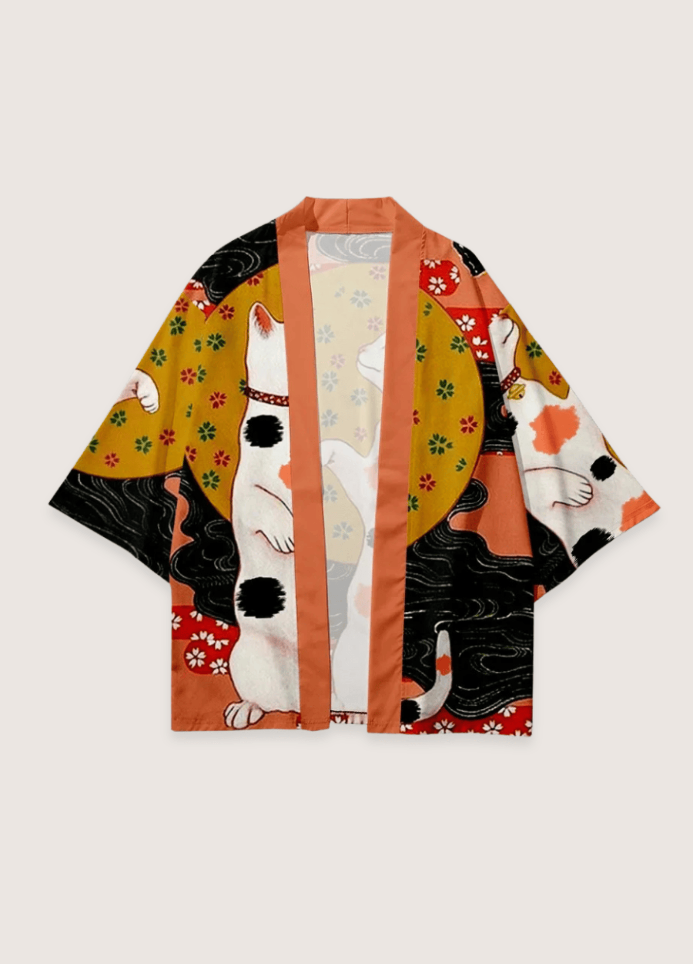 Kimono Japonais Unisexe en Polyester | Ample et Élégant Haori avec Imprimé Chat Tricolore 1
