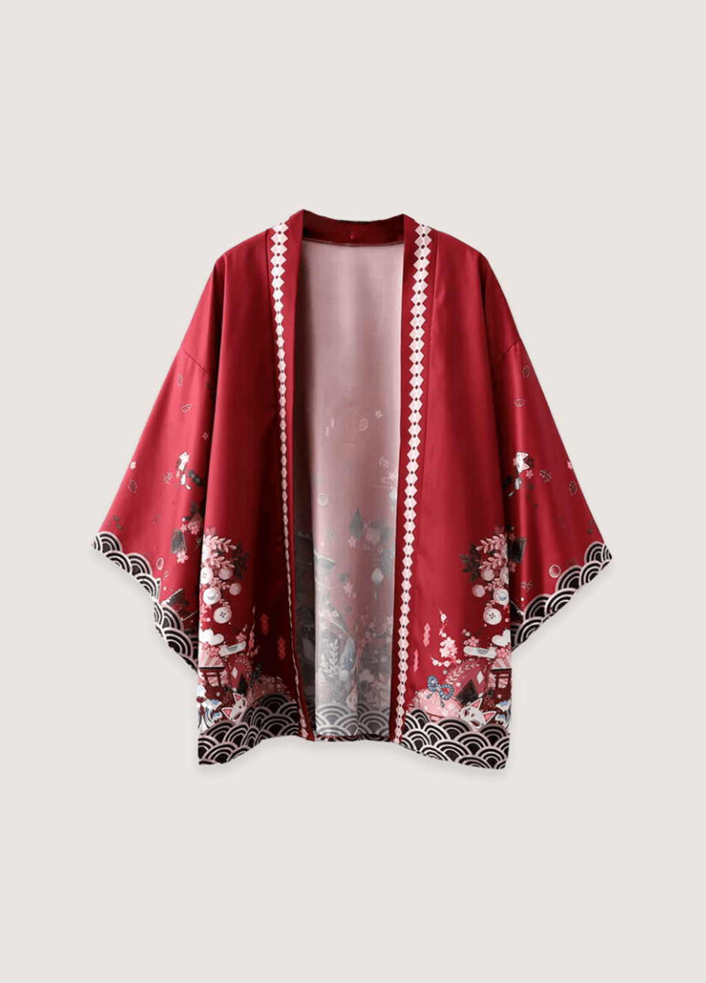 Kimono Japonais Unisexe en Polyester | Élégant Motif Floral Rouge 1